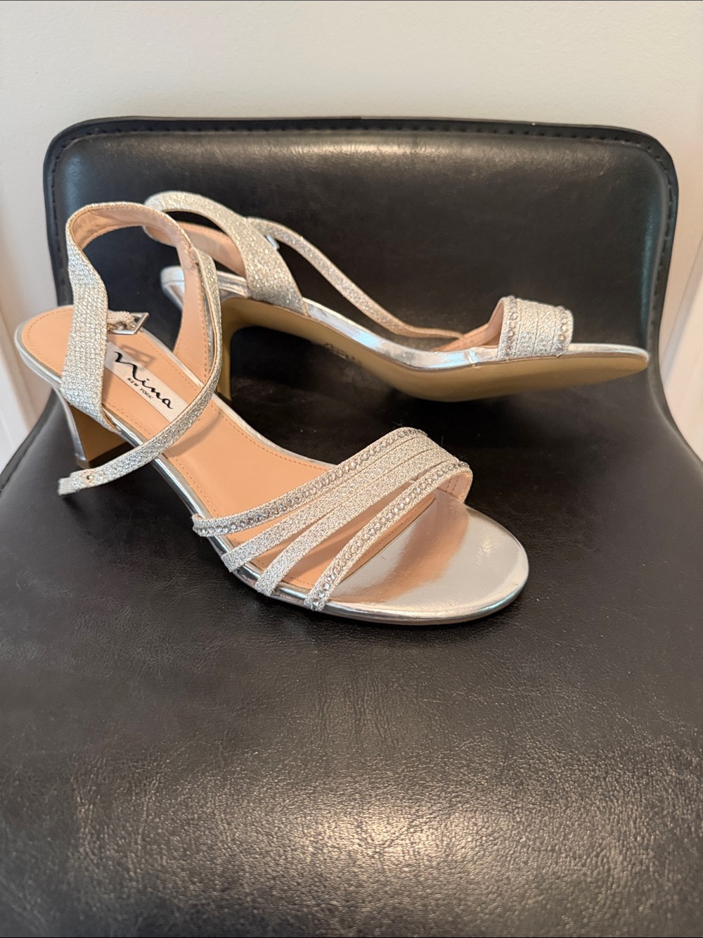 Nina Glitter Strappy Silver Slingback Heels